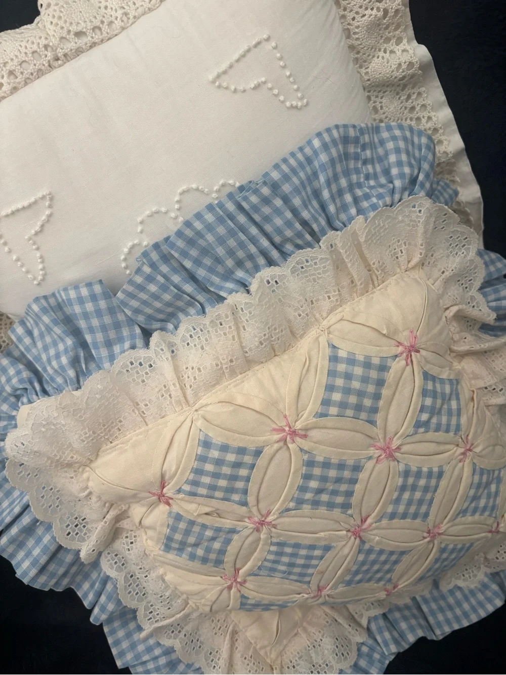 Handcrafted Blue Gingham Pillow Cathedral Window  w/Lace Final Sale